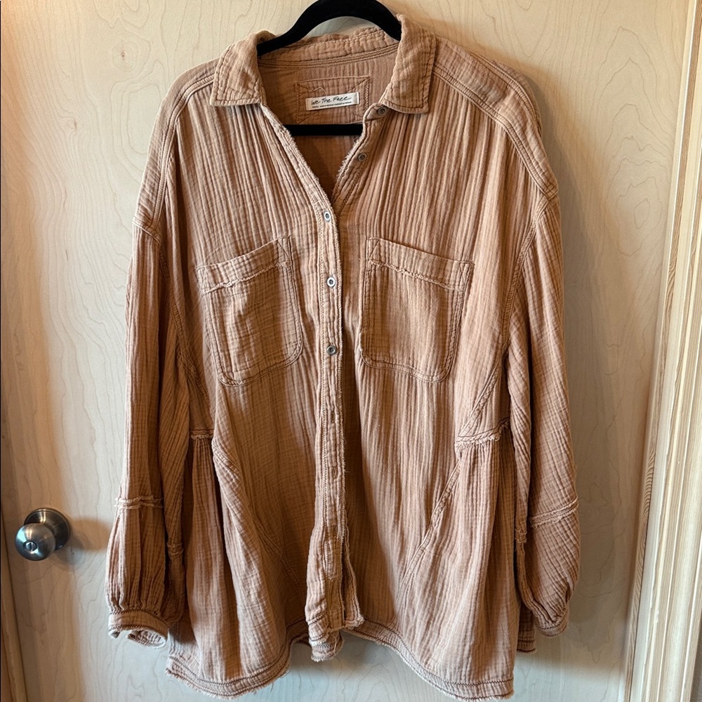 We The Free Tan Button-Up Gauze Flowy Tunic